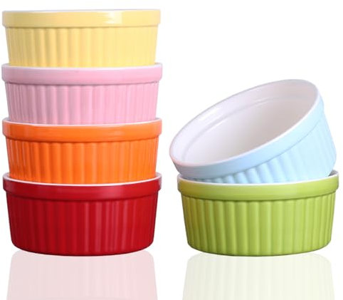 YAZYLIFE Ramekins 12oz,Ramekins for Creme Brulee and Souffle Dishes,Porcelain Oven Safe Baking Bowls,Pudding Cups,Soup Bowl,Set of 6,Color