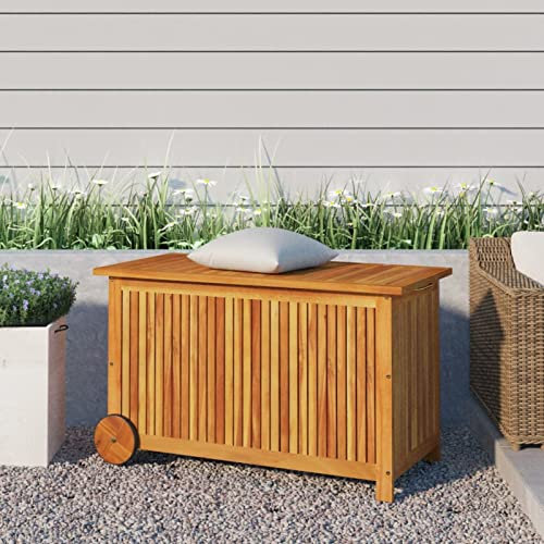 ADWOA Gartentruhe mit Rollen 90x50x58 cm Massivholz Akazie Aufbewahrungsbox Garten Auflagenbox Wasserdicht