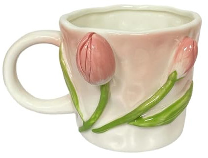 CAPIJIONG 350ml/12oz Flor de mano 3D en relieve Tulipán Campanilla de viento Taza de cerámica Horno microondas Disponible para el hogar Desayuno Café Leche-Rosa Tulipán A