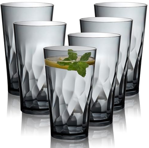 JGIRL Unbreakable Plastic Drinking Glasses, Set of 6, Shatterproof Drinking Cups, Plastic glass cup,16 oz plastic Tumbler Cups,Dishwasher Safe (Grey)