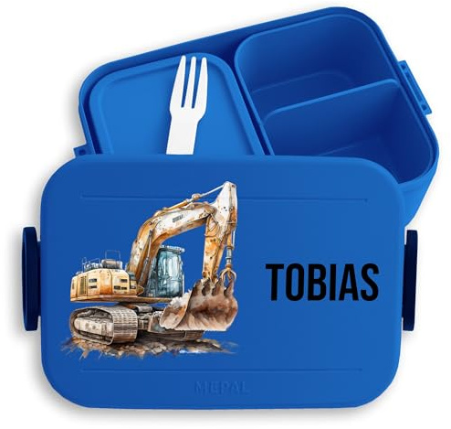 Kinder Bento Box Midi Lunchbox für Mepal Bentobox - Bagger Baufahrzeug Baustelle Baustellenfahrzeug - 900 ml - Blau - baustellen brotdose personalisierte brotdosen baustellenfahrzeuge name