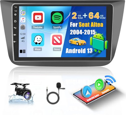 Hikity 2G+64G Android Autoradio per Seat Altea 2004-2016 (Guida a Sinistra) con Wireless Carplay Android Auto 9Pollici Car Radio Stereo con GPS Navi WiFi DSP FM RDS Bluetooth Telecamera Posteriore