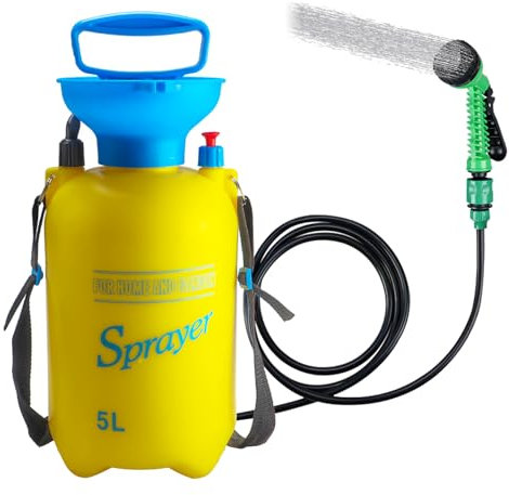 Finderomend Portable Shower for Camping with 7 Spray Modes, 1.3 Gallon Hand Press Camping Shower with Removable Hose and Shower Head,5L
