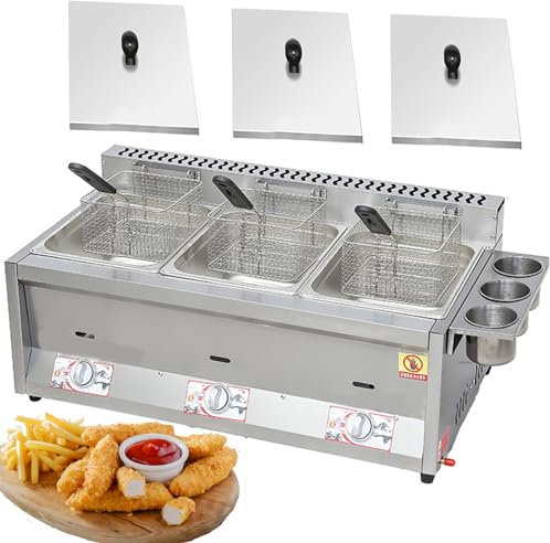 Friteuse à Gaz Professionnelle, Friteuse à gaz de grande capacité avec bac d'assaisonnement et paniers de friture, pour Famille Restaurant Commercial Frites,8L*3
