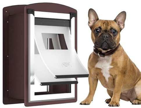 Dog Door for Wall, Dog Door with Double Magnetic Flaps, Double Lock Panels, Steel Frame and Telescoping Tunnel, Doggie Door for Interior and Exterior Wall, Medium, Coffee Color