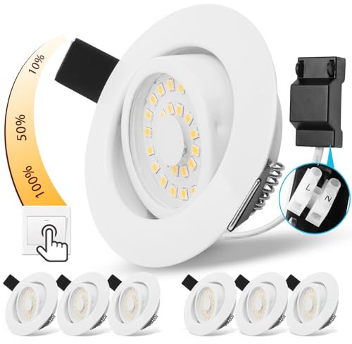 Spot LED Encastrable Blanc Dimmable Extra Plat 5W 220V Blanc Chaud 3000K Éclairage Encastré 68mm, IP44 Luminaires Orientables, Plafond de Salle de Bain, Chambre, Lot de 6