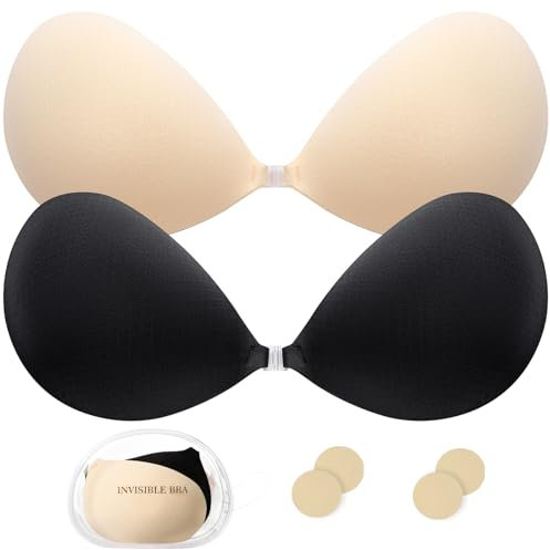 Kemowi 2 Pair Stick On Push Up Bra for Women - Breathable & Reusable Sticky Invisible Adhesive Bra, Strapless & Backless Bra for Everyday Wearing with 2 Pack Nipple Covers