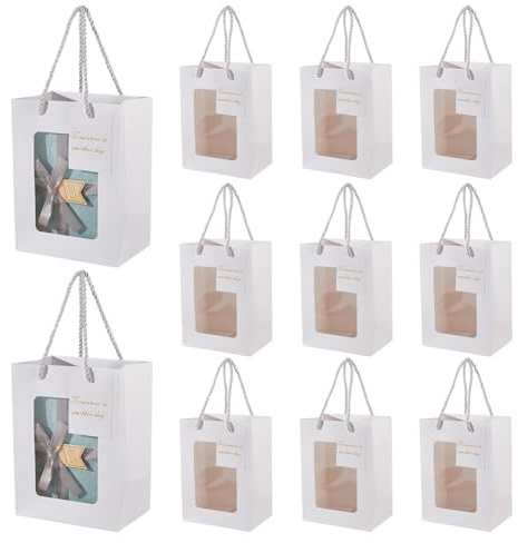 NBEADS 12 Stk. Geschenktaschen mit Fenster, Kraftpapier-Taschen Einkaufstaschen mit Henkel 15x10x20cm Weiße Geschenktüten für Business Shopping Hochzeit Geburtstag Party Supplies