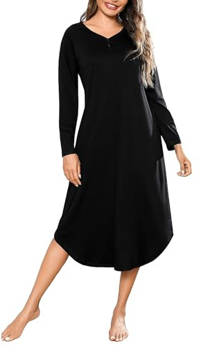 Bresdk Camisón Mujer Algodón Invierno Camisones de Manga Larga Cuello en V con Botones Ropa de Dormi Ligero y Suave para Hogar S-3XL