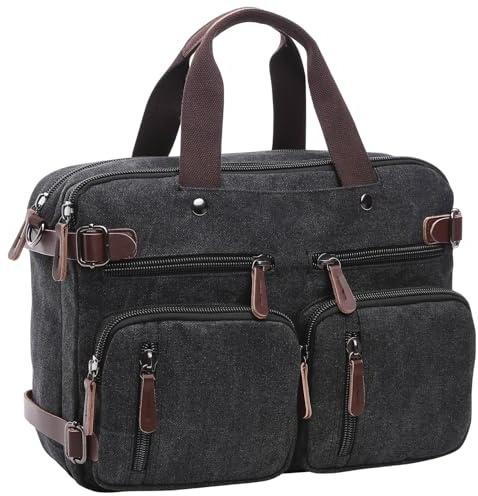 Maletín convertible de lona para laptop, bolso de hombro, bolso de mano, mochila de viaje multifuncional para laptop de 17.3 pulgadas para hombres y mujeres, Negro