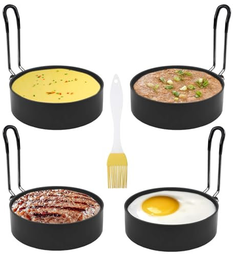 4 Stück Spiegeleiform Edelstahl Ei Ring, Antihaft Form für Spiegeleier, Sandwiches, Pfannkuchen und Hackbraten - 3,5 Zoll Bratpfanne mit Klappgriffen und Silikon Pinsel