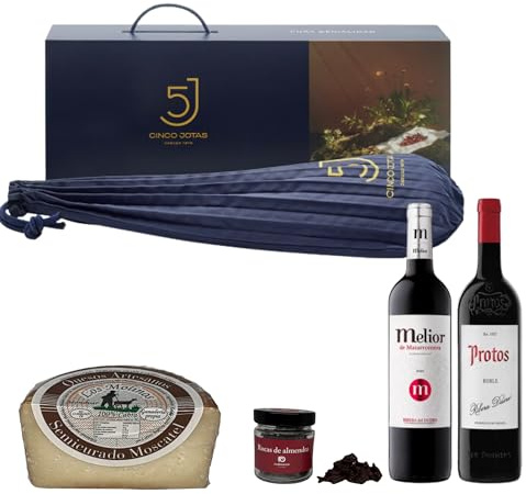 ENOVINOS Cesta Gourmet Regalo Navidad Empresas, Familia y Amigos - Caja con Paleta 5 Jotas, Vino Tinto Melior Matarromera, Protos, Queso Molinos y Rocas de Chocolate de Raúl Asencio