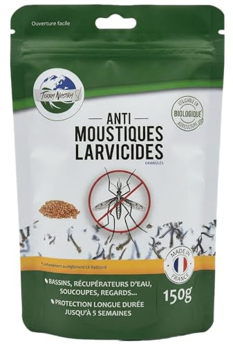 TERRA NOSTRA - Anti Moustiques Larvicides - Formulé avec du BTI - Compatible Fosse Septique - Traitement Eaux Stagnantes jusqu'à 75m² - Fabriqué en France - Pot 150g