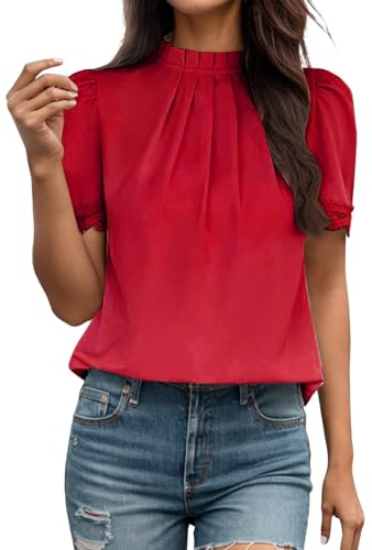 Generiska damblusar elegant veckad ståkrage chiffong blus toppar kortärmad puffärmar damblusar spetsblus festliga toppar för bröllop mode plissé blusskjorta streetwear kvinnor, 09 röd, L