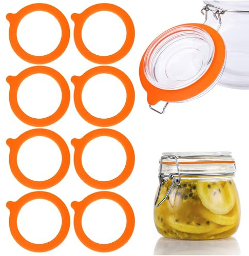 8 Pack Silicone Jar Gaskets, Airtight Seal Rings for Mason Jars, Orange | Orange silicone gaskets create an airtight seal on standard mason jar lids, tear-resistant and reusable for dry storage.