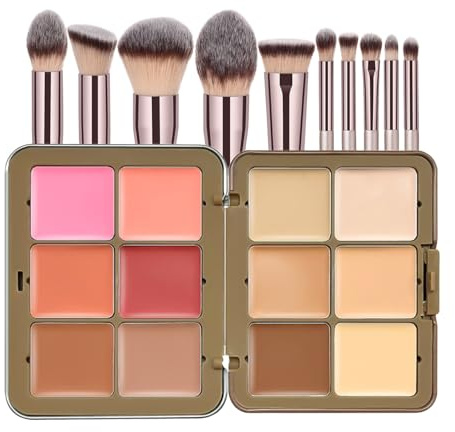 JasCherry 12 Farben Rouge Palette mit 10 Pinsel, Concealer Foundation Palette, Farbkorrigierende Concealer Creme, All-in-One Mischbares Mattes Blush Pulver Highlighter Creme Kontur Palette Make-up