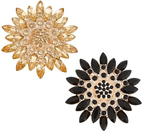 OLYCRAFT - 2 broches de flor de diamantes de imitación dorados y negros, broche de flor, cristal, broche de girasol, cristal, pedrería, para bodas, banquetes, fiestas de cumpleaños, ropa, accesorios