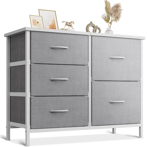 Coleshome Kommode mit 5 Stoffschubladen, Kommode mit Schubladen mit 2 Große und 3 Kleine, Holzplatte Robustem Stahlrahmen, Geeignet für Schlaf- und Wohnzimmer, 76 x 29 x 60cm, Hellgrau