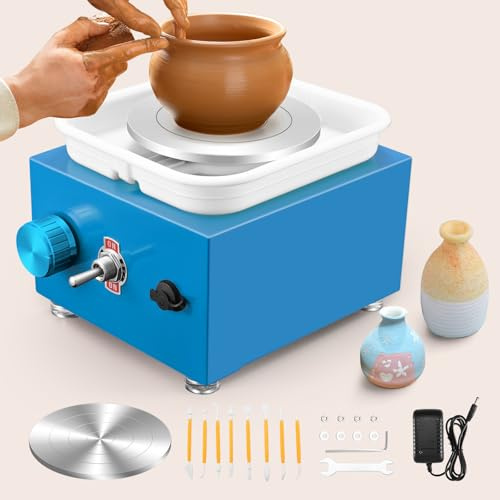 Aomdom Mini Töpfermaschine, 2000RPM Einstellbare Geschwindigkeit Metall-Drehteller Töpferscheibe von 10/6.5CM Tonformungswerkzeugen und ABS-Becken Geliefert Geeignet für Töpfer-Heimwerker (Blau)