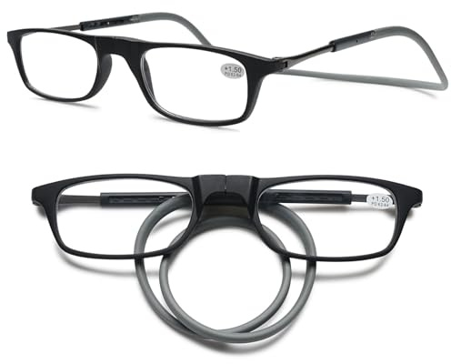 MAGIMODAC Damen Herren Lesebrille Faltbar Magnetverschluss Lesehilfe Sehhilfe Magnetische Lesebrillen mit flexiblem Halteband Schwarz Grau +2.00