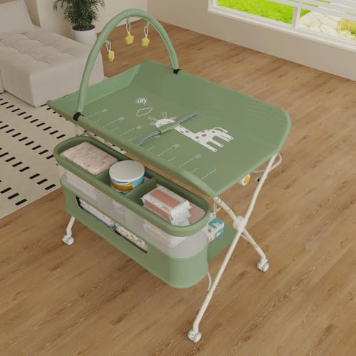 Table à Langer Mobile pour Bébé, Pliable avec Hauteur Réglable sur 5 Niveaux Poubelle Panier de Rangement Etagère Roues Verrouillables, pour Chambre de Bébé,75 * 68 * 83-91cm (B) Vert