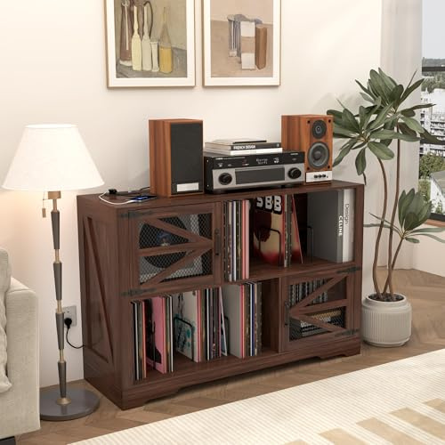 TinFrey Mueble para Tocadiscos y Vinilos Grande en Madera Armario y Estantería Grande con Capacidad hasta 500 Vinilos, Soporte Tocadiscos Estilo Vintage Mid-Century para Salón o Dormitorio