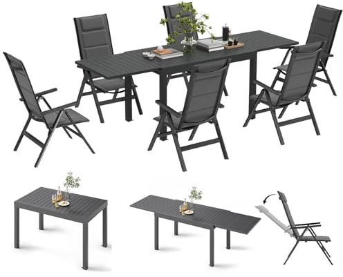 Devoko Gartenmöbel Set 6 Personen, Bestehend aus 1 Aluminiumtisch und 6 Klappstühlen für den Balkon. Ausziehbarer Gartentisch (130/260 cm), Terrassenmöbel-Set für den Außenbereich, Dunkelgrau.