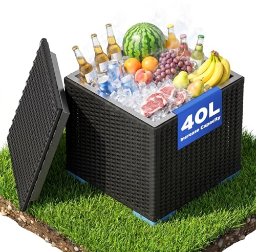 Tisch mit kühlschrank, Cool Bar Gartentisch höhenverstellbar 55–80 cm, Cocktailtisch & Beistelltisch inklusive Kühlbox-Funktion, Ø40 cm Tischplatte, wetterfest, für Garten Terrasse Pool, Schwarz