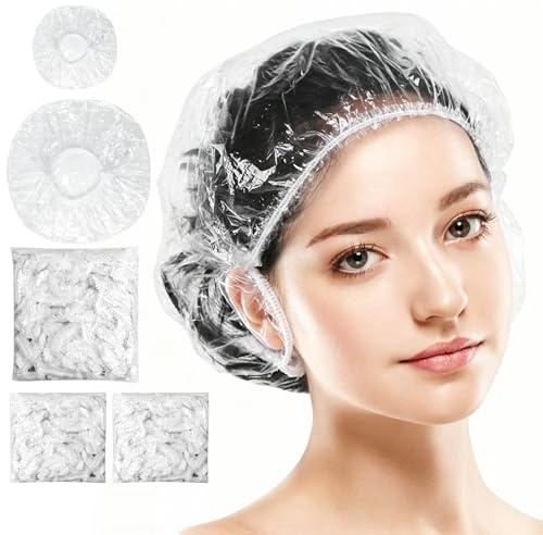 200 Pcs Ear Covers and 100 Pcs Shower Caps, Clear Waterproof Ear Protectors, Plastic Elastic Bath Cap, Plastic Earmuffs for Hair Dye, Shower, Bathing, Salon, Spa, Home, Hotel