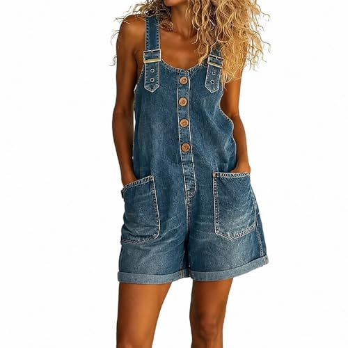 SHINROAD Denim Bib Overall Shorts for Women Trendy Button Front Wide Leg Loose Jean Shorts, Adjustable Suspender Baggy Summer Rompers with Pockets