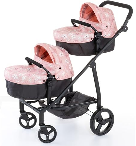 MOLTO - Twin Pram for Dolls, Folding Double Pram with Convertible Carrys, 360° Wheels and Adjustable Handlebar, for Dolls up to 46 cm, +3 Years