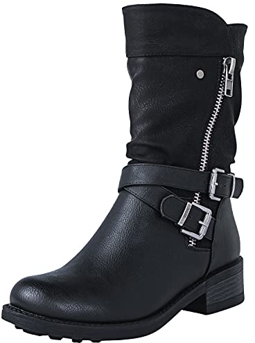 GLOBALWIN Women's Mid-Calf Boots Round Toe Zip-Up Slouch Booties with Buckle Strap Casual Spring Fall Winter Black Boots For Women With low Heel Comfortable For Walking Size 7.5M