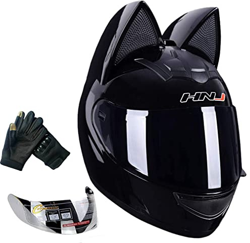 Cat Ear Motorcycle Helmet,Men and Women Cool Cute Cat Full Face Helmet,DOT Certification Standard,Suitable for All Seasons,Black,M