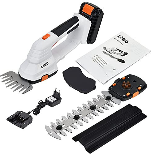 LIGO Akku Gras- und Strauchschere 20V, 2-in-1 Schere mit verschiedenen Messer AufsätzenInklusive, 10cm Grasmesser, 20cm Strauchtrimmer, mit 2.0Ah Akku und Ladegerät
