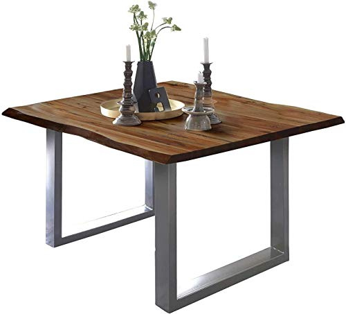 SAM Esszimmertisch 80x80 cm ULM, Baumkantentisch nussbaumfarben, Akazienholz massiv, U-Gestell aus Metall Silber