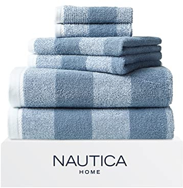 Nautica - Bath Towel Set, Cotton Bath, Hand & Washcloths, Plush, Absorbent & Quick-Dry, Striped Americana Decor, Set of 6, Oak Lake Blue