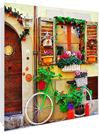 banjado Großer Schlüsselkasten Glas - Schlüsselbox 30x30cm mit 50 Haken - Schlüsselkasten modern für Schlüsselaufbewahrung mit beschreibbarer, magnetischer Glastür - Motiv Grünes Fahrrad