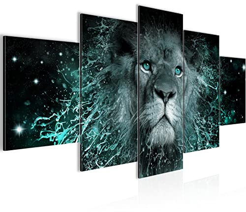 Runa Art - Bilder Afrika Löwe 200 x 100 cm 5 Teilig XXL Wanddekoration Design Schwarz Türkis 040751b