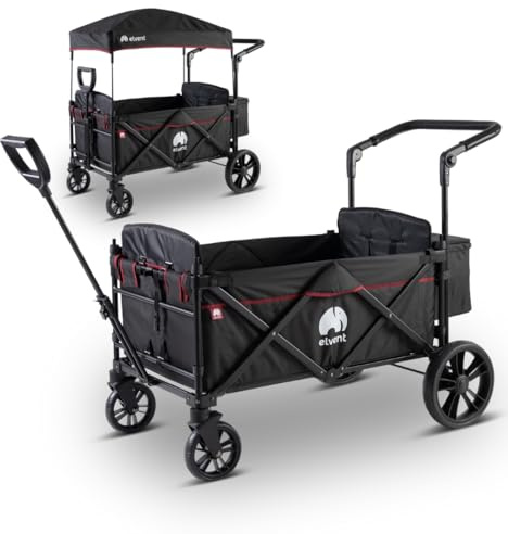 elvent® Allrounder City Bollerwagen - faltbar mit Dach | Sitzpolster, Hecktasche, Feststellbremse, 5-Punkt-Gurt I 2 Kinder (Schwarz)