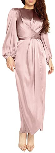 StarDY Women's Plain Satin Abaya Dress Round Collar Balloon Sleeve Wrap Waist Slit Maxi Dress Middle Eastern Muslim Gown, Pink, L