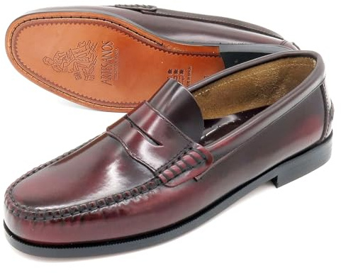 MARTTELY Pantofole da uomo, suola in pelle, cucite con cornice, Premium Penny Loafer, bordeaux, 43 EU