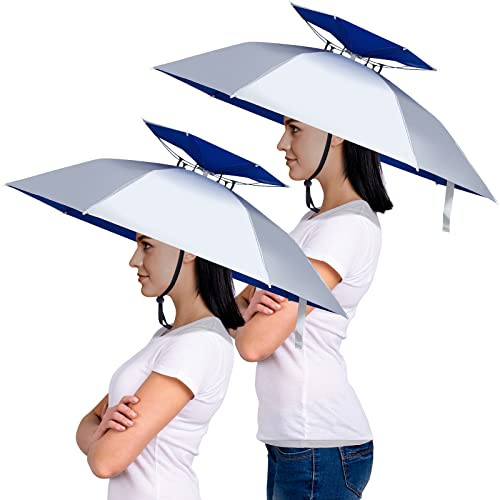 Amylove 2 Pcs 37'' Diameter Large Umbrella Hat for Adults Double Layer Folding Compact UV Rain Protection Umbrella Cap(Simple Style)