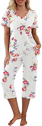 PrinStory Pyjamasset för kvinnor, sovkläder, lounge-kläder, kortärmad t-shirt, capribyxor, med fickor