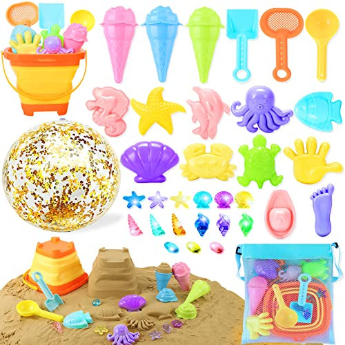 Echehi Sandspielzeug Set Für Junge Mädchen 39 Stück, Sandkasten Spielzeug Strandspielzeug Mit Falteimer, 16-Zoll Wasserball, Netzbeutel, EIS Sandförmchen, Edelsteine Outdoor Spielzeug Für Kinder 3-10