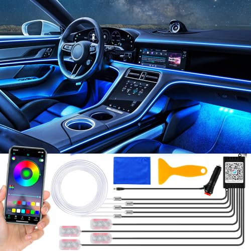 YAOBLUESEA Car Interior Lighting LED Strip 6.5 m Fiber Optic Ambient Lighting Kit, 12 V Atmosphere Light RGB with App Controllable Music Syn and Footwell Lighting Neon for Car Decoration, (1-5LGX)