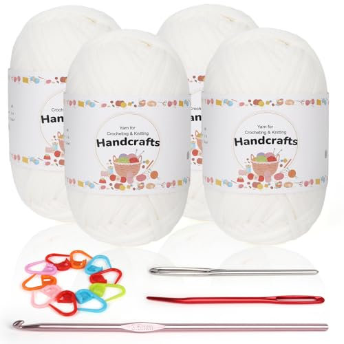 Coopay 4 Stück Einfach Häkelgarn für Anfänger, Gut Sichtbare Maschen Zum Häkeln mit Zubehör, Baumwoll-Nylon-Garn zum Stricken (4 X 50 g), Reines Weiß