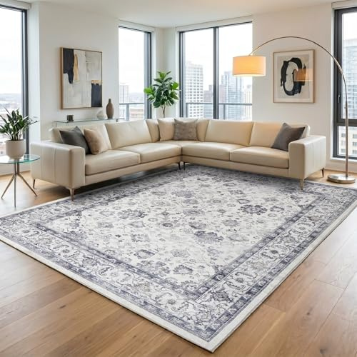 Hafaa Machine Washable Rugs Living Room 120 x 170 cm – Soft Short Pile Large Grey Area Rugs For Bedroom, Kitchen Carpet Non Slip Bedside Rug Traditional Design Vintage Boho Cashmere Rug, Serene