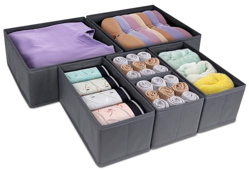 Drawer Organiser-6 Pack Wardrobe Storage Organizer, Desk Organiser, Thickened Fabric Storage Box for Underwear, Clothes, Socks, Ties, Scarves, Cosmetics, 3 Sizes