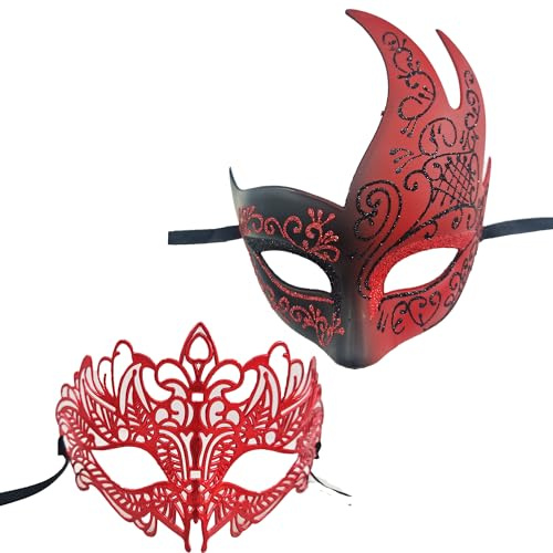2 Mascara Veneciana para Carnaval con Purpurina Brillante, Mascara Carnaval Veneciana Media Cara Mujer de Material Resistente Pluma, Mascara Baile (Mascara Veneciana Retro Rojo)