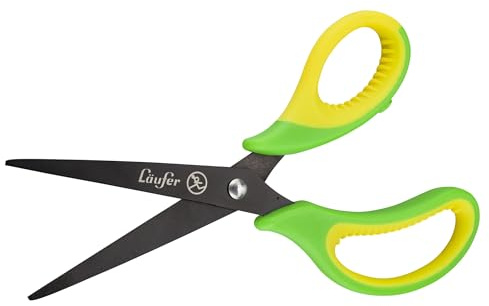 Läufer 87324 Ergonomische Bastelschere für Linkshänder, spitz, grün/gelb, Schulschere ab 1. Klasse